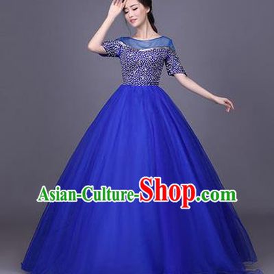 Traditional Chinese Modern Dance Compere Performance Costume, China Opening Dance Chorus Singing Group Clothing, Classical Dance Blue Bubble Dress for Women