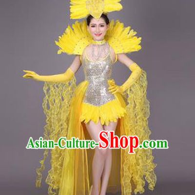 Traditional Chinese Modern Dance Performance Costume, China Opening Dance Samba Dance Clothing, Classical Dance Yellow Dress for Women