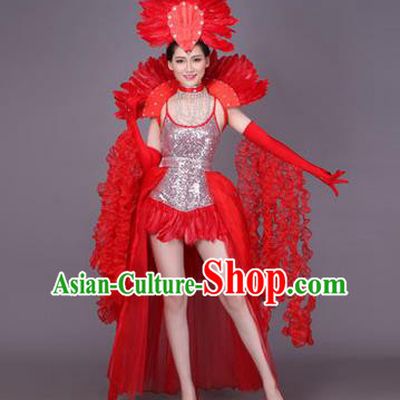Traditional Chinese Modern Dance Performance Costume, China Opening Dance Samba Dance Clothing, Classical Dance Red Dress for Women