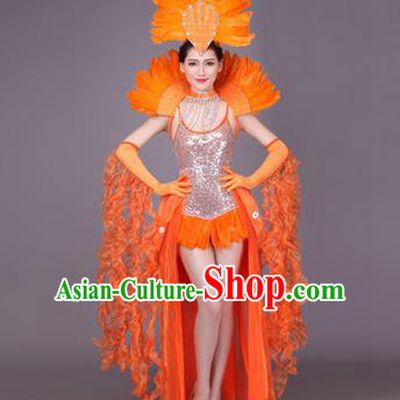 Traditional Chinese Modern Dance Performance Costume, China Opening Dance Samba Dance Clothing, Classical Dance Orange Dress for Women