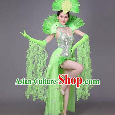 Traditional Chinese Modern Dance Performance Costume, China Opening Dance Samba Dance Clothing, Classical Dance Green Dress for Women