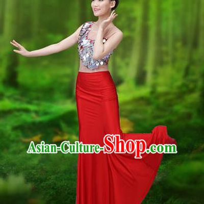 Traditional Chinese Dai Nationality Peacock Dance Costume, Folk Dance Ethnic Pavane Clothing, Chinese Minority Nationality Dance Red Dress for Women