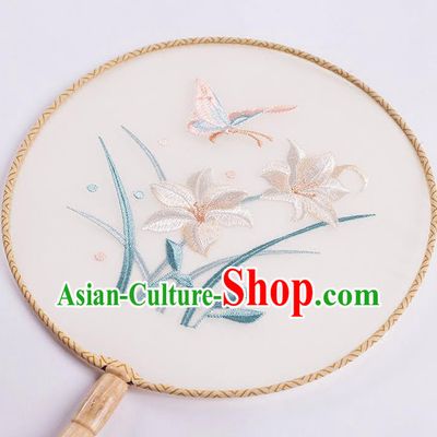 Traditional Chinese Ancient Silk Embroidered Orchids Round Fans for Women