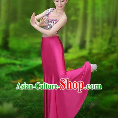 Traditional Chinese Dai Nationality Peacock Dance Costume, Folk Dance Ethnic Pavane Clothing, Chinese Minority Nationality Dance Pink Dress for Women