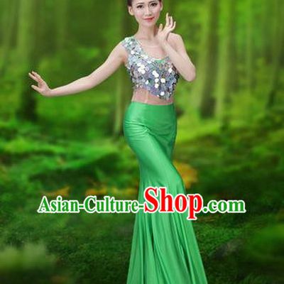Traditional Chinese Dai Nationality Peacock Dance Costume, Folk Dance Ethnic Pavane Clothing, Chinese Minority Nationality Dance Green Dress for Women