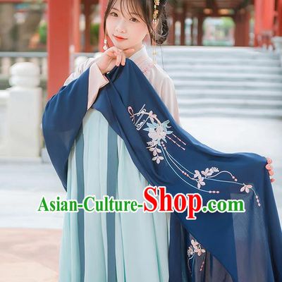 Traditional Chinese Tang Dynasty Palace Princess Embroidered Hanfu Navy Wearing Silks for Women