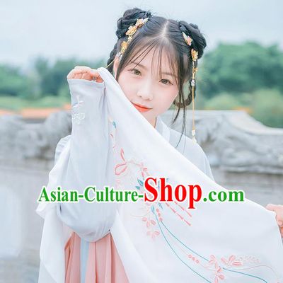 Traditional Chinese Tang Dynasty Palace Princess Embroidered Hanfu White Wearing Silks for Women