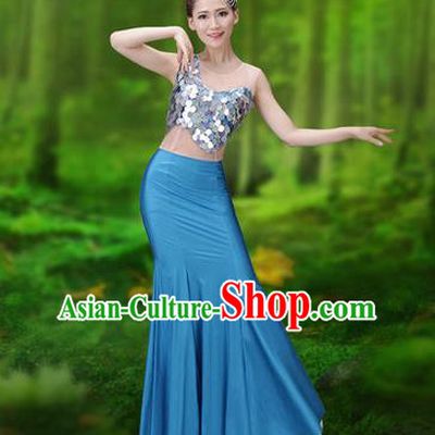 Traditional Chinese Dai Nationality Peacock Dance Costume, Folk Dance Ethnic Pavane Clothing, Chinese Minority Nationality Dance Blue Dress for Women