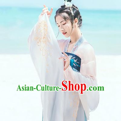 Traditional Chinese Tang Dynasty Palace Princess Embroidered Hanfu White Wide Wearing Silks for Women