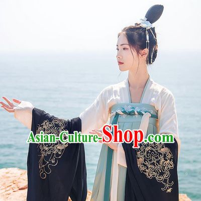 Traditional Chinese Tang Dynasty Palace Princess Embroidered Hanfu Black Wide Wearing Silks for Women