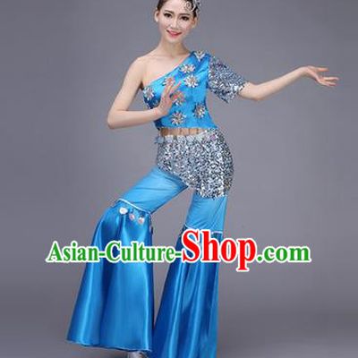Traditional Chinese Dai Nationality Peacock Dance Costume, Folk Dance Ethnic Pavane Clothing, Chinese Minority Nationality Dance Blue Suit for Women