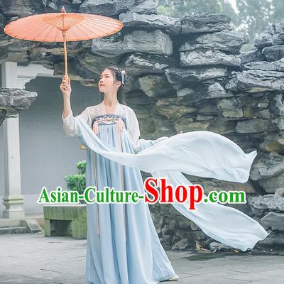 Traditional Chinese Tang Dynasty Palace Princess Embroidered Flowers Hanfu Blue Wide Wearing Silks for Women