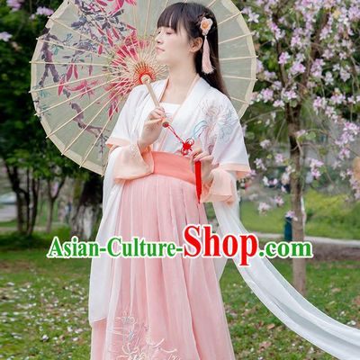 Traditional Chinese Tang Dynasty Palace Princess White Long Ribbons Wearing Silks for Women