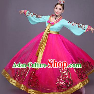 Traditional Korean Nationality Dance Costume, Chinese Minority Nationality Embroidery Hanbok Red Dress for Women