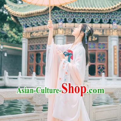 Traditional Chinese Tang Dynasty Young Lady Costume, Elegant Hanfu Clothing Embroidered Wide Sleeve White Cardigan, Chinese Ancient Princess Clothing for Women