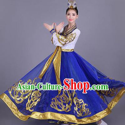 Traditional Korean Nationality Dance Costume, Chinese Minority Nationality Embroidery Hanbok Blue Dress for Women
