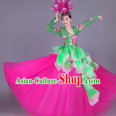 Top Grade China Opening Dance Costume, Female Chorus Classical Dance Dress, Chinese Modern Dance Big Swing Peony Bubble Dress for Women