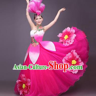 Top Grade China Opening Dance Costume, Female Chorus Classical Dance Dress, Chinese Modern Dance Big Swing Peony Pink Bubble Dress for Women