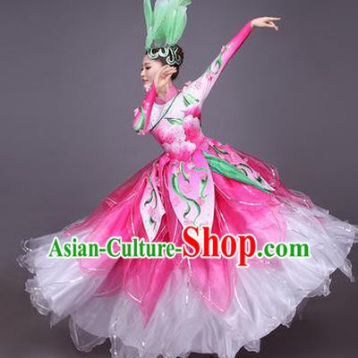 Top Grade China Opening Dance Costume, Female Chorus Classical Dance Dress, Chinese Modern Dance Big Swing Pink Bubble Dress for Women