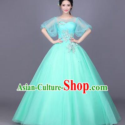 Traditional Chinese Modern Dance Performance Costume, China Opening Dance Full Dress, Classical Dance Blue Bubble Dress for Women