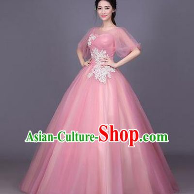 Traditional Chinese Modern Dance Performance Costume, China Opening Dance Full Dress, Classical Dance Pink Bubble Dress for Women