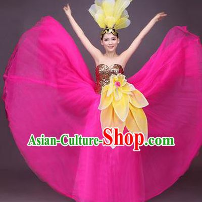 Traditional Chinese Modern Dance Performance Costume, China Opening Dance Full Dress, Classical Dance Big Swing Pink Dress for Women