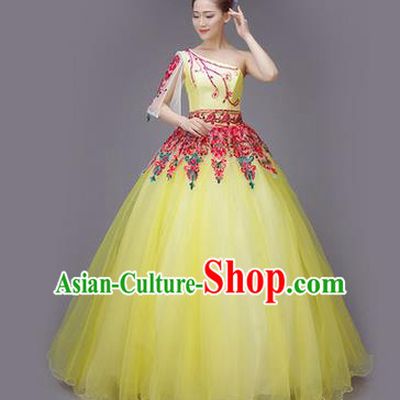 Traditional Chinese Modern Dance Compere Performance Costume, China Opening Dance Full Dress, Classical Dance Big Swing Yellow Veil Dress for Women