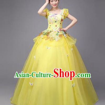 Traditional Chinese Modern Dance Compere Performance Costume, China Opening Dance Chorus Full Dress, Classical Dance Big Swing Yellow Veil Bubble Dress for Women