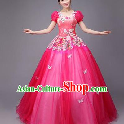 Traditional Chinese Modern Dance Compere Performance Costume, China Opening Dance Chorus Full Dress, Classical Dance Big Swing Rosy Veil Bubble Dress for Women