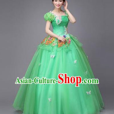 Traditional Chinese Modern Dance Compere Performance Costume, China Opening Dance Chorus Full Dress, Classical Dance Big Swing Green Veil Bubble Dress for Women