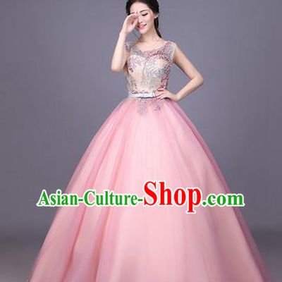 Traditional Chinese Modern Dance Compere Performance Costume, China Opening Dance Chorus Full Dress, Classical Dance Big Swing Pink Veil Bubble Dress for Women