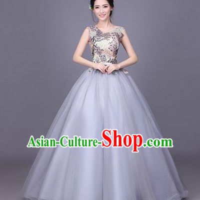 Traditional Chinese Modern Dance Compere Performance Costume, China Opening Dance Chorus Full Dress, Classical Dance Big Swing Grey Veil Bubble Dress for Women