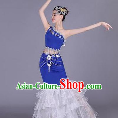 Traditional Chinese Dai Nationality Peacock Dance Costume, Folk Dance Ethnic Pavane Clothing, Chinese Minority Nationality Dance Fishtail Dress for Women