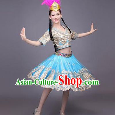 Traditional Chinese Uyghur Nationality Dancing Costume, Folk Dance Ethnic Costume, Chinese Minority Nationality Uigurian Dance Blue Short Dress for Women