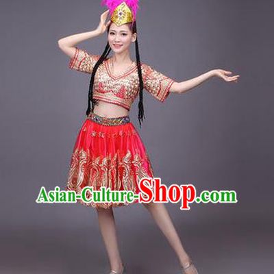 Traditional Chinese Uyghur Nationality Dancing Costume, Folk Dance Ethnic Costume, Chinese Minority Nationality Uigurian Dance Red Short Dress for Women
