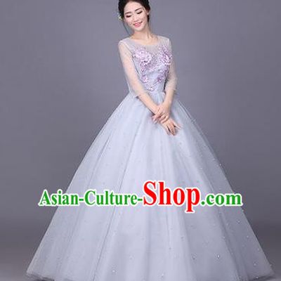 Traditional Chinese Modern Dance Compere Performance Costume, China Opening Dance Chorus Full Dress, Classical Dance Big Swing Grey Bubble Dress for Women