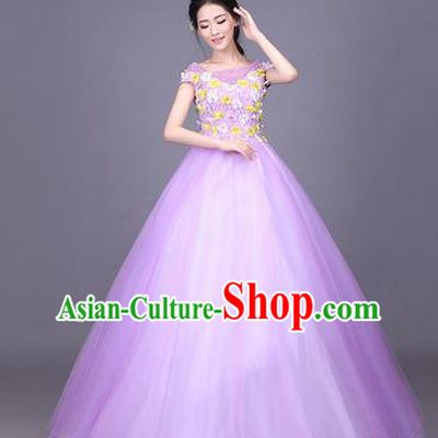Traditional Chinese Modern Dance Compere Performance Costume, China Opening Dance Chorus Full Dress, Classical Dance Big Swing Purple Bubble Dress for Women