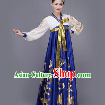Traditional Korean Nationality Dance Costume, Chinese Minority Nationality Embroidery Hanbok Blue Big Swing Dress for Women