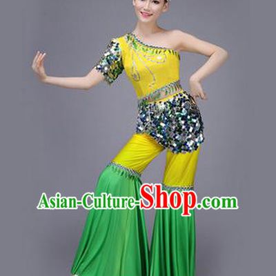 Traditional Chinese Dai Nationality Peacock Dance Costume, Folk Dance Ethnic Pavane Clothing, Chinese Minority Nationality Dance Dress Green Suit for Women