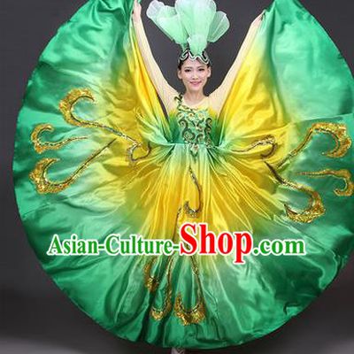Traditional Chinese Modern Dance Compere Performance Costume, China Opening Dance Chorus Full Dress, Classical Dance Big Swing Green Dress for Women