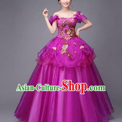 Traditional Chinese Modern Dance Compere Performance Costume, China Opening Dance Chorus Full Dress, Classical Dance Big Swing Purple Dress for Women