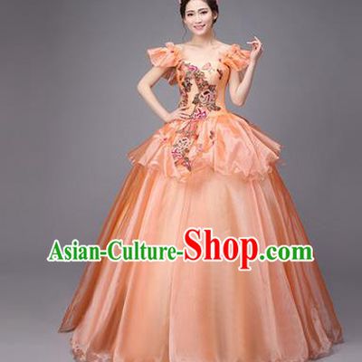 Traditional Chinese Modern Dance Compere Performance Costume, China Opening Dance Chorus Full Dress, Classical Dance Big Swing Orange Dress for Women