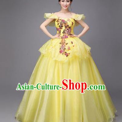 Traditional Chinese Modern Dance Compere Performance Costume, China Opening Dance Chorus Full Dress, Classical Dance Big Swing Yellow Dress for Women