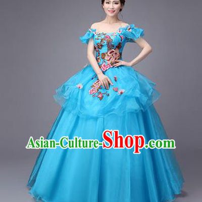 Traditional Chinese Modern Dance Compere Performance Costume, China Opening Dance Chorus Full Dress, Classical Dance Big Swing Blue Dress for Women