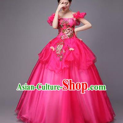 Traditional Chinese Modern Dance Compere Performance Costume, China Opening Dance Chorus Full Dress, Classical Dance Big Swing Rosy Dress for Women
