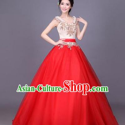 Traditional Chinese Modern Dance Compere Performance Costume, China Opening Dance Chorus Bride Wedding Full Dress, Classical Dance Big Swing Red Dress for Women