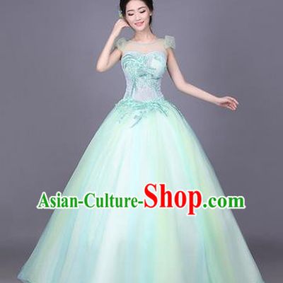 Traditional Chinese Modern Dance Compere Performance Costume, China Opening Dance Chorus Bride Wedding Full Dress, Classical Dance Big Swing Blue Dress for Women