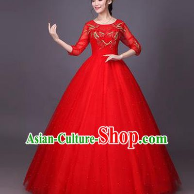 Traditional Chinese Modern Dance Compere Performance Costume, China Opening Dance Chorus Bride Wedding Red Full Dress, Classical Dance Big Swing Bubble Dress for Women