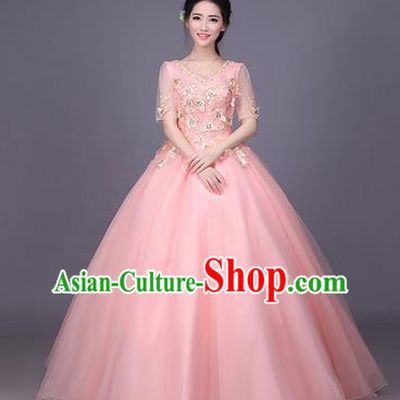 Traditional Chinese Modern Dance Compere Performance Costume, China Opening Dance Chorus Bride Wedding Pink Full Dress, Classical Dance Big Swing Bubble Dress for Women