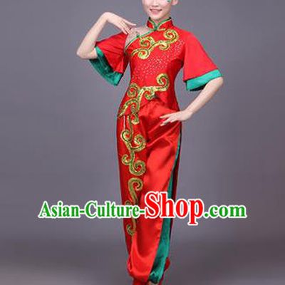 Traditional Chinese Yangge Fan Dancing Costume, Folk Dance Yangko Uniform Drum Dance Red Clothing for Women